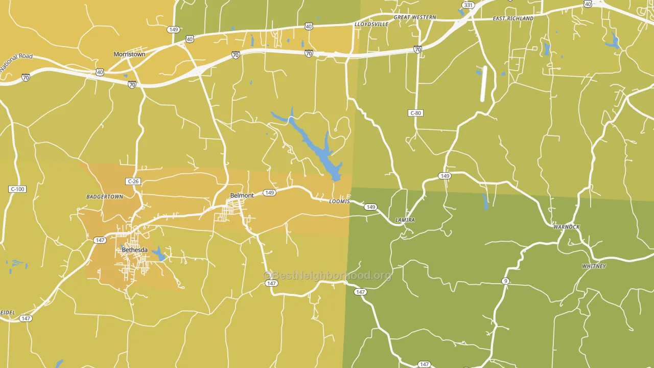 Map of the best neighborhoods in the 43718 area, with better matches in green and worse matches in red