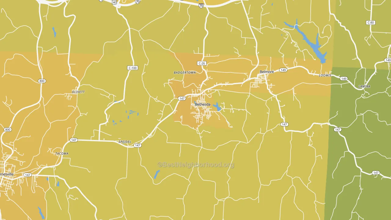 Map of the best neighborhoods in the 43719 area, with better matches in green and worse matches in red