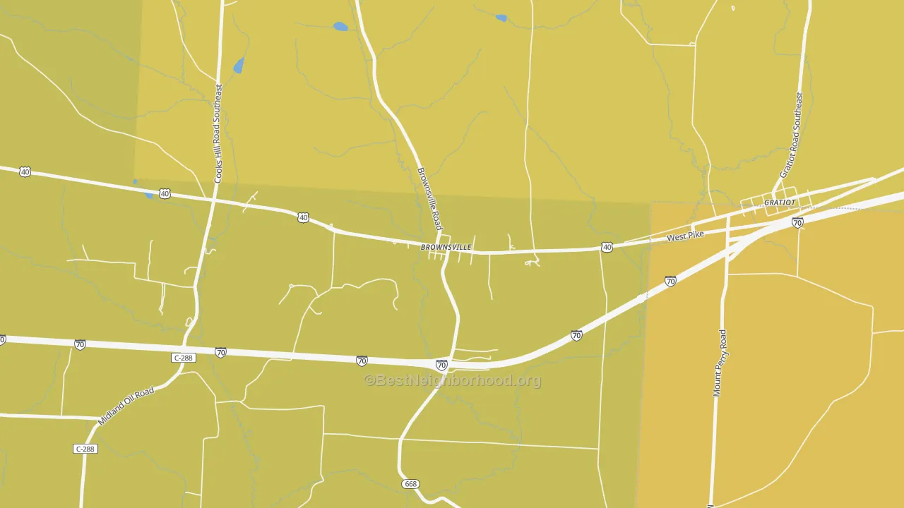 Map of the best neighborhoods in the 43721 area, with better matches in green and worse matches in red