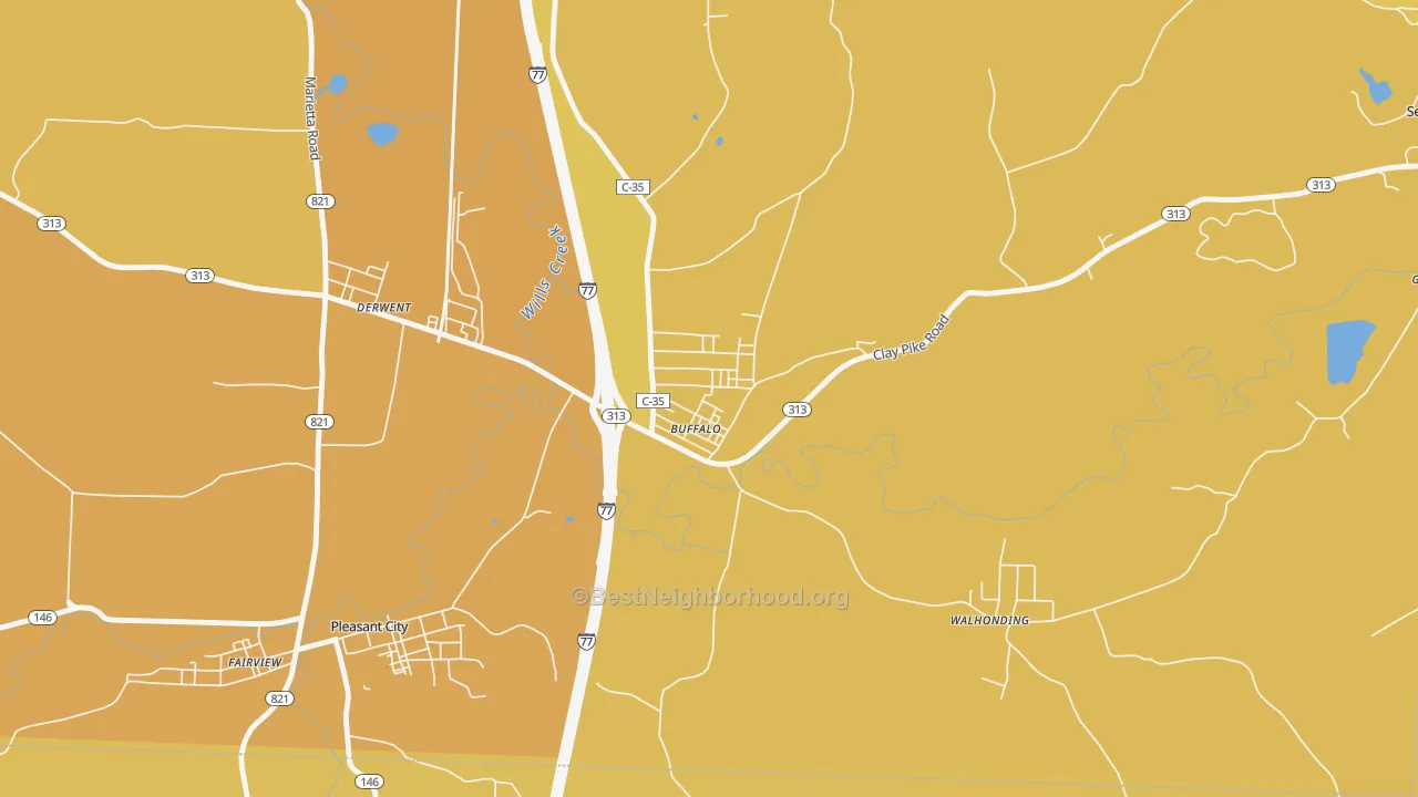 Map of the best neighborhoods in the 43722 area, with better matches in green and worse matches in red