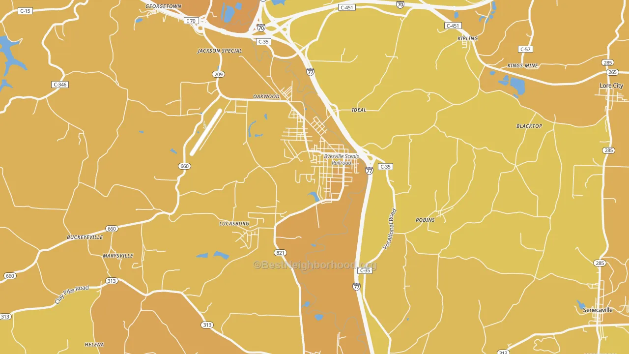 Map of the best neighborhoods in the 43723 area, with better matches in green and worse matches in red