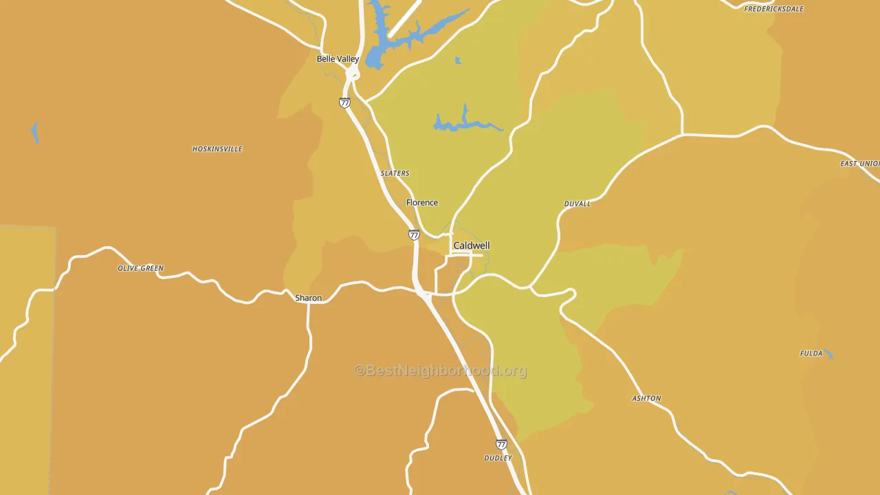 Map of the best neighborhoods in the 43724 area, with better matches in green and worse matches in red