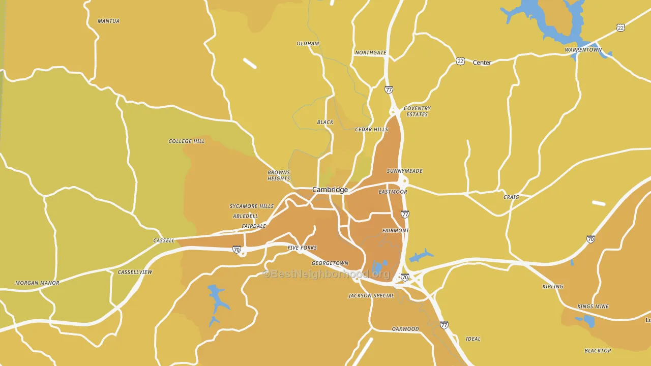 Map of the best neighborhoods in the 43725 area, with better matches in green and worse matches in red
