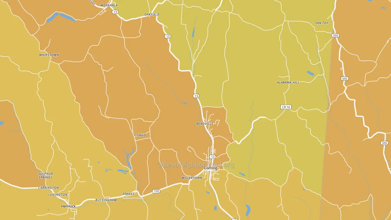 Map of the best neighborhoods in the 43730 area, with better matches in green and worse matches in red