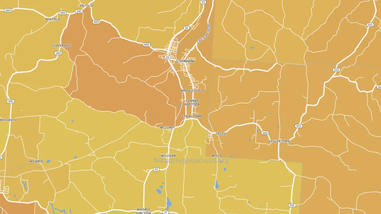 Map of the best neighborhoods in the 43731 area, with better matches in green and worse matches in red