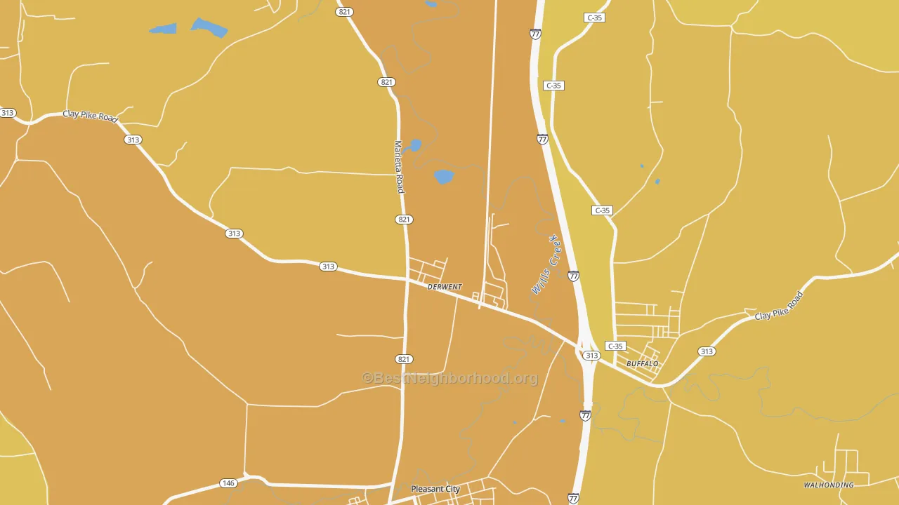 Map of the best neighborhoods in the 43733 area, with better matches in green and worse matches in red