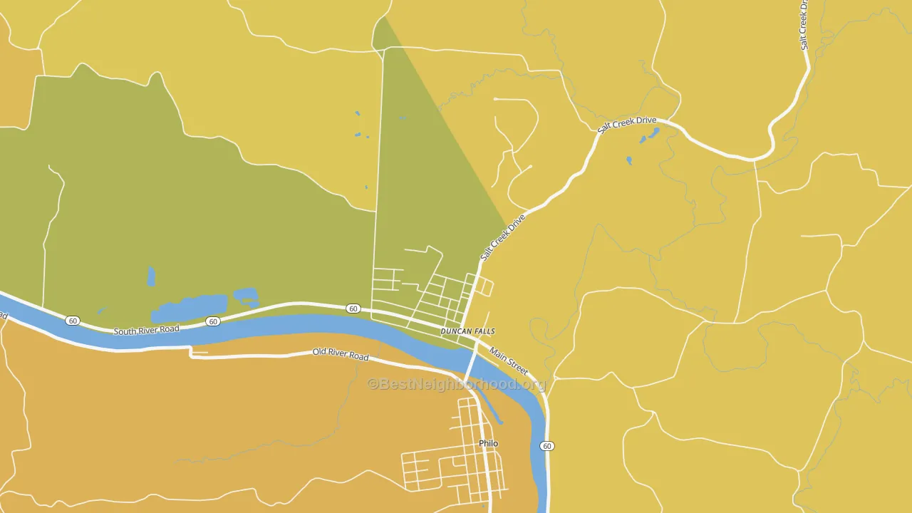 Map of the best neighborhoods in the 43734 area, with better matches in green and worse matches in red