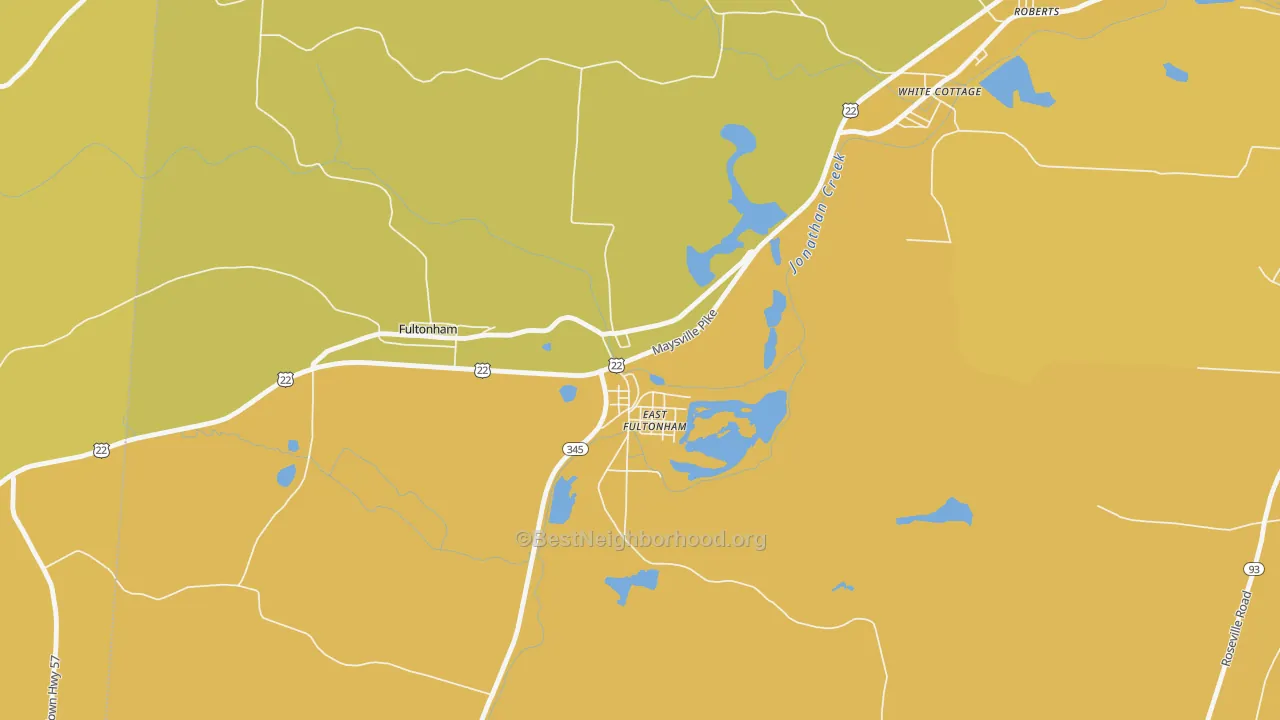 Map of the best neighborhoods in the 43735 area, with better matches in green and worse matches in red