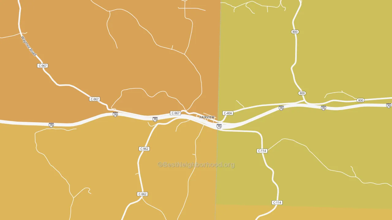 Map of the best neighborhoods in the 43736 area, with better matches in green and worse matches in red