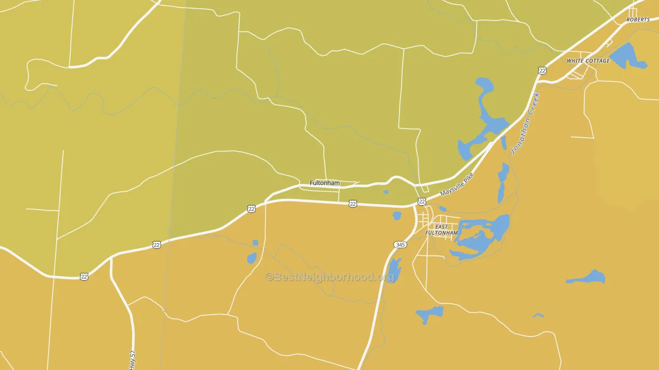 Map of the best neighborhoods in the 43738 area, with better matches in green and worse matches in red