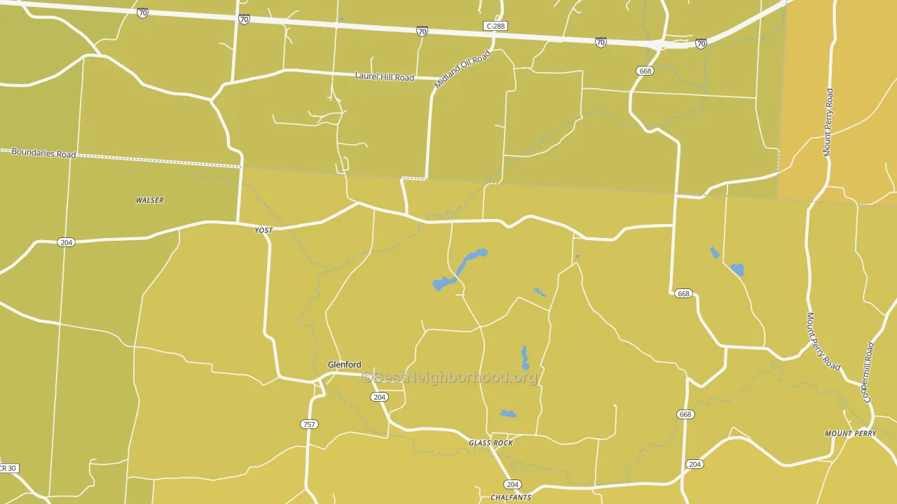 Map of the best neighborhoods in the 43739 area, with better matches in green and worse matches in red