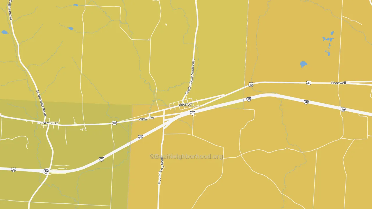 Map of the best neighborhoods in the 43740 area, with better matches in green and worse matches in red