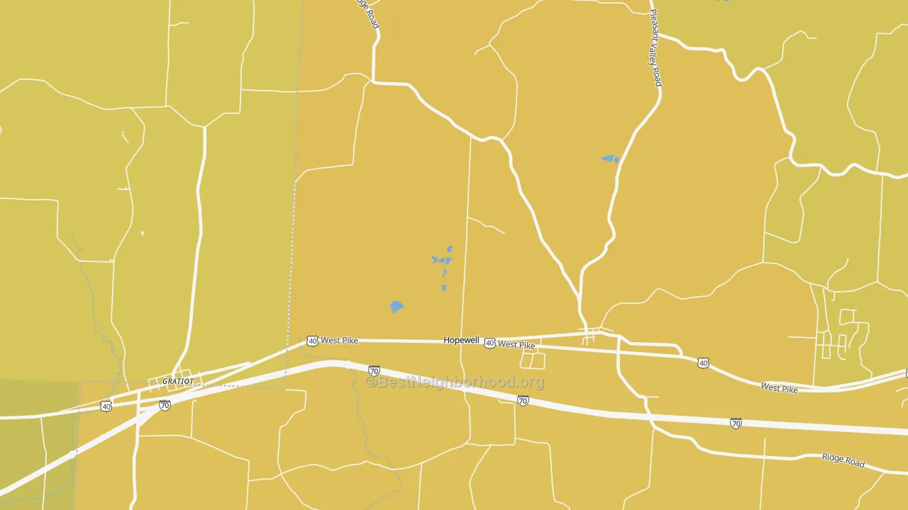 Map of the best neighborhoods in the 43746 area, with better matches in green and worse matches in red