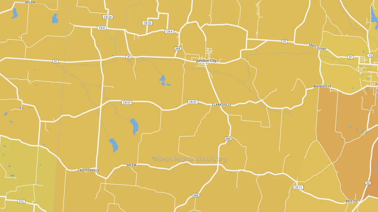 Map of the best neighborhoods in the 43748 area, with better matches in green and worse matches in red