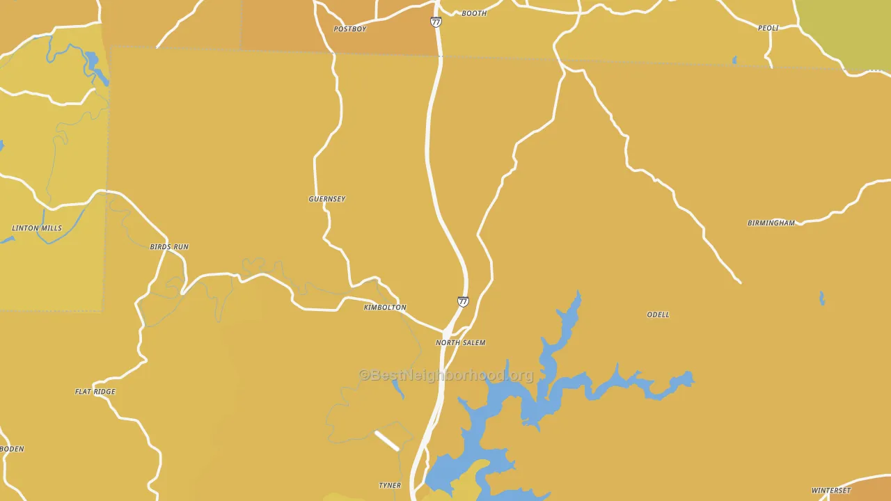 Map of the best neighborhoods in the 43749 area, with better matches in green and worse matches in red