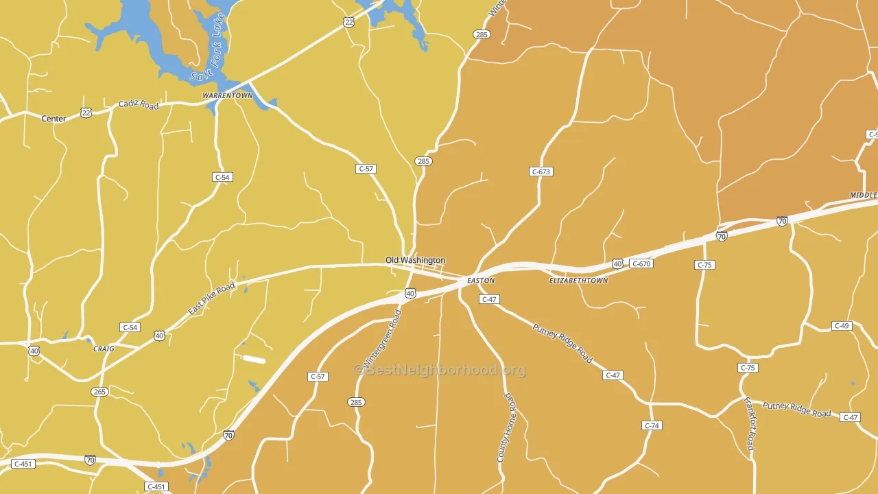 Map of the best neighborhoods in the 43755 area, with better matches in green and worse matches in red