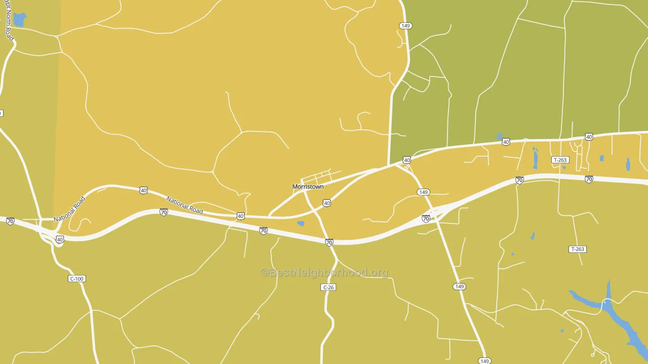 Map of the best neighborhoods in the 43759 area, with better matches in green and worse matches in red