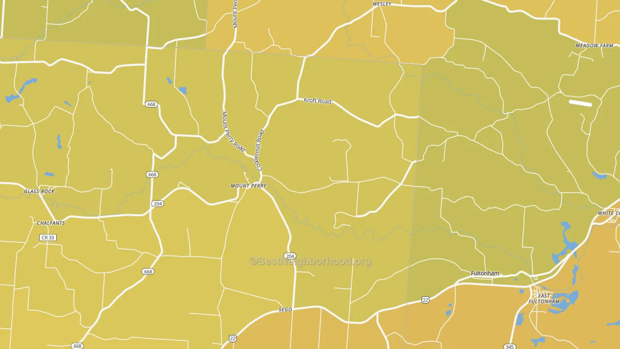 Map of the best neighborhoods in the 43760 area, with better matches in green and worse matches in red