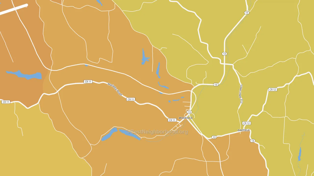Map of the best neighborhoods in the 43761 area, with better matches in green and worse matches in red