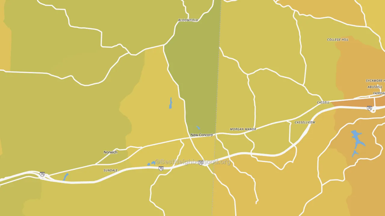 Map of the best neighborhoods in the 43762 area, with better matches in green and worse matches in red