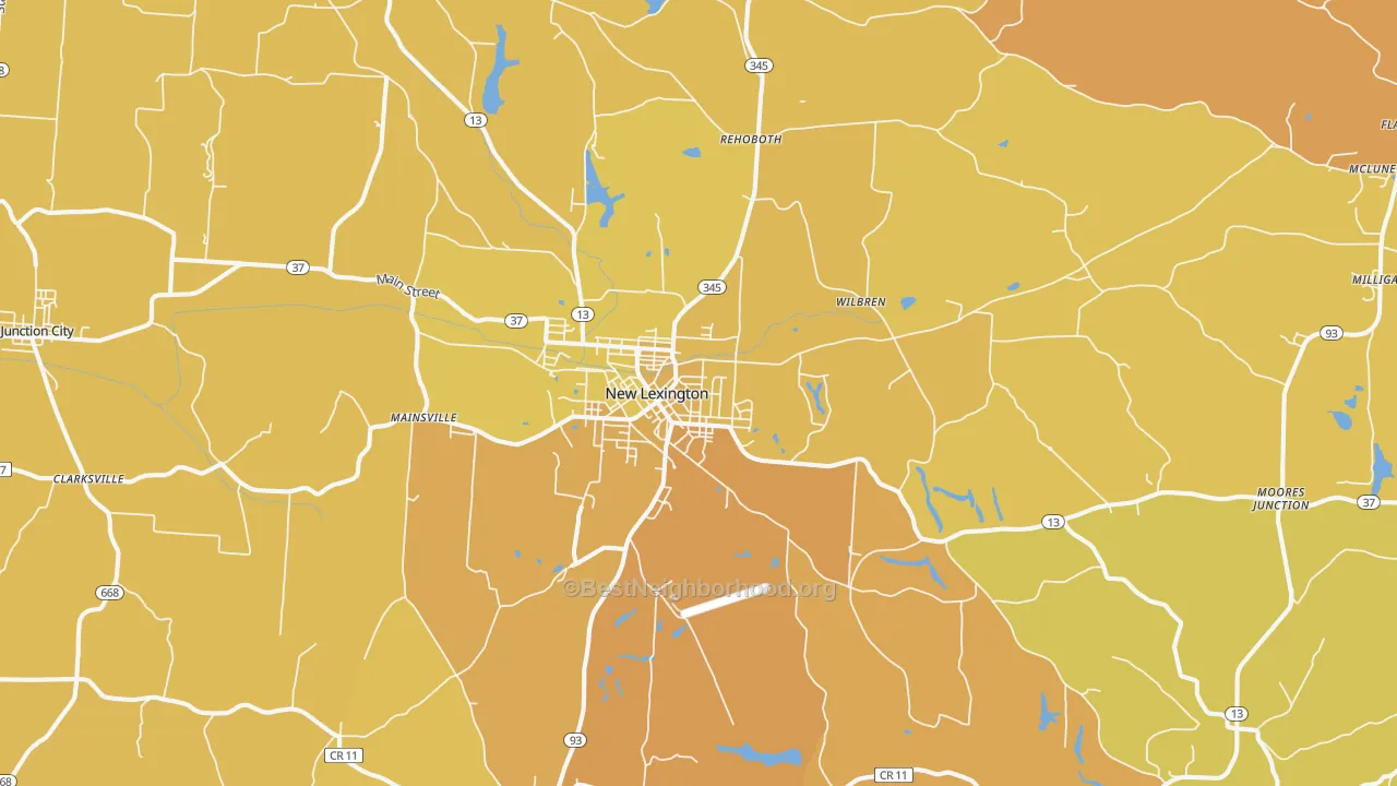Map of the best neighborhoods in the 43764 area, with better matches in green and worse matches in red