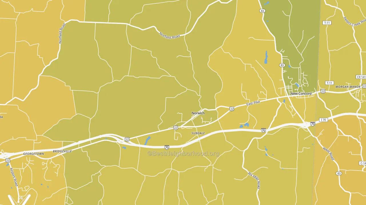 Map of the best neighborhoods in the 43767 area, with better matches in green and worse matches in red