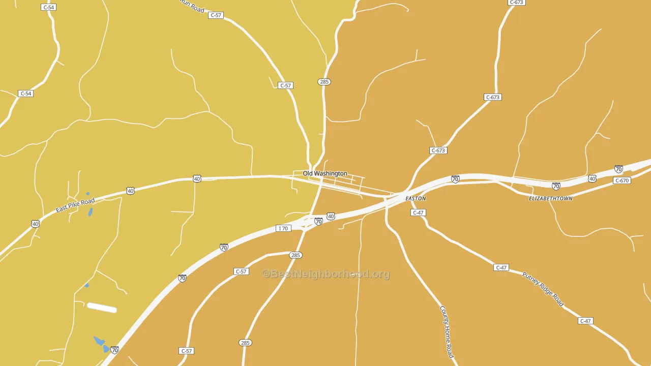 Map of the best neighborhoods in the 43768 area, with better matches in green and worse matches in red