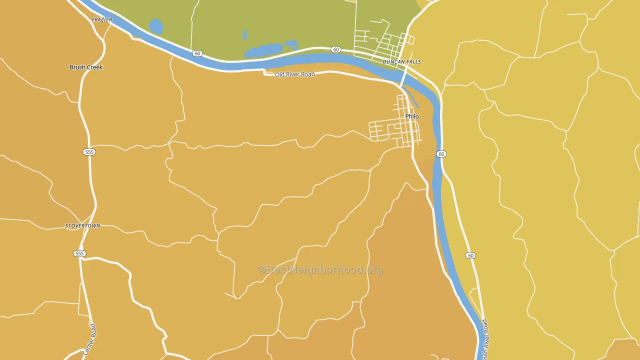 Map of the best neighborhoods in the 43771 area, with better matches in green and worse matches in red