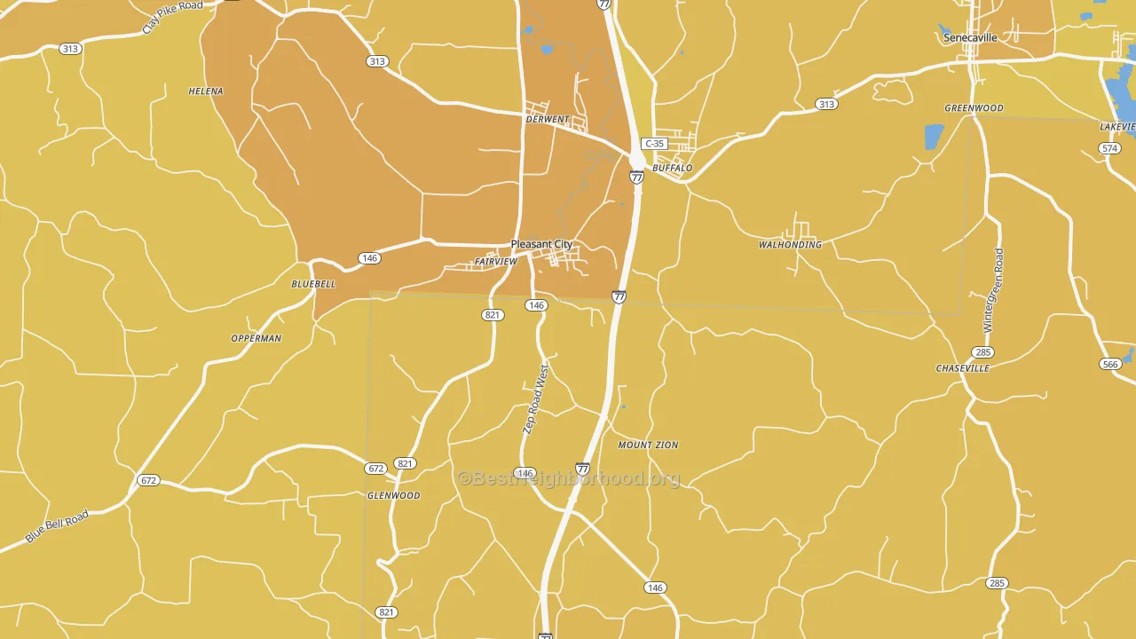 Map of the best neighborhoods in the 43772 area, with better matches in green and worse matches in red