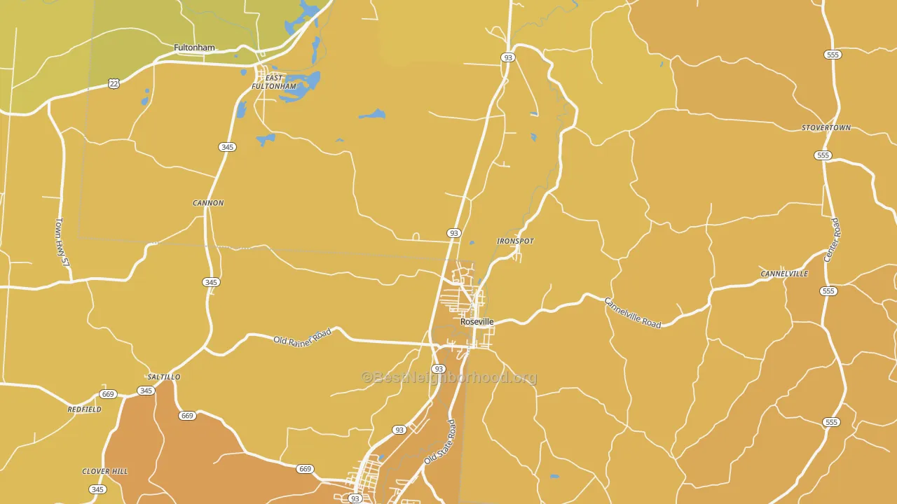 Map of the best neighborhoods in the 43777 area, with better matches in green and worse matches in red