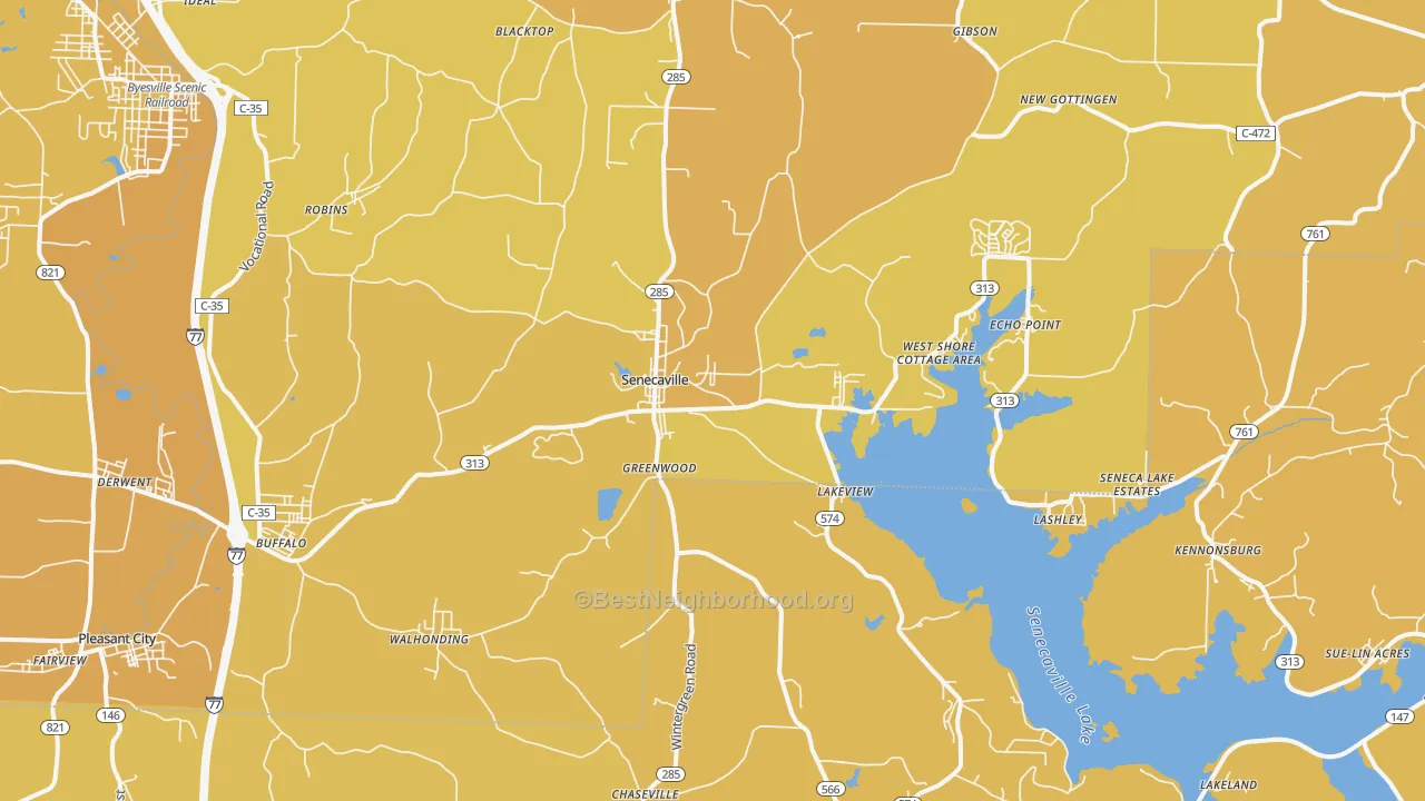 Map of the best neighborhoods in the 43780 area, with better matches in green and worse matches in red