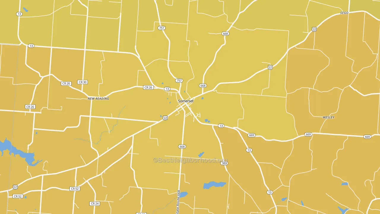Map of the best neighborhoods in the 43783 area, with better matches in green and worse matches in red