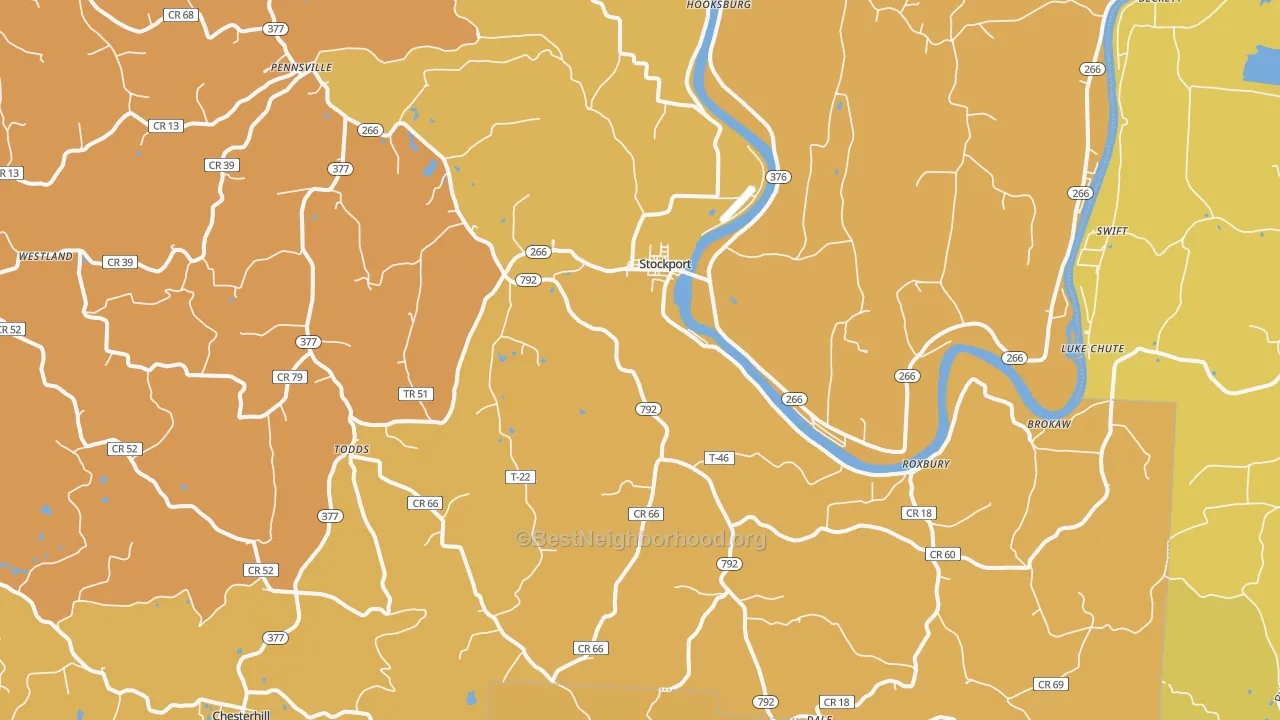 Map of the best neighborhoods in the 43787 area, with better matches in green and worse matches in red