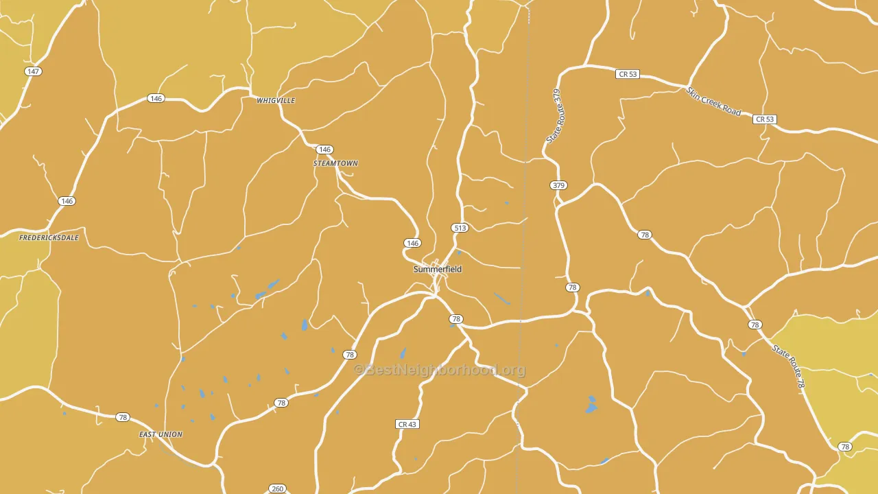 Map of the best neighborhoods in the 43788 area, with better matches in green and worse matches in red