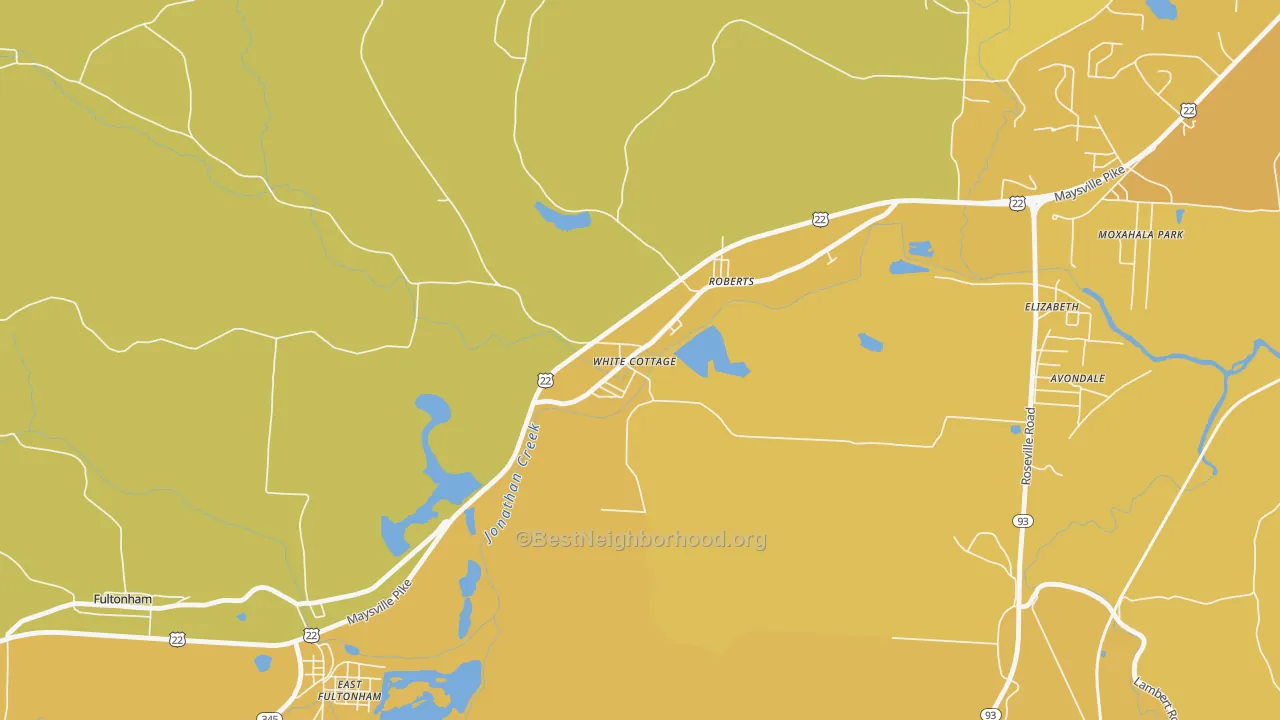 Map of the best neighborhoods in the 43791 area, with better matches in green and worse matches in red