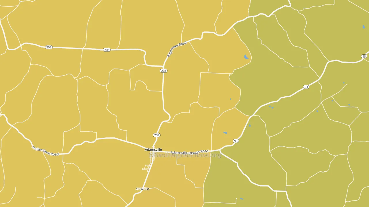 Map of the best neighborhoods in the 43802 area, with better matches in green and worse matches in red