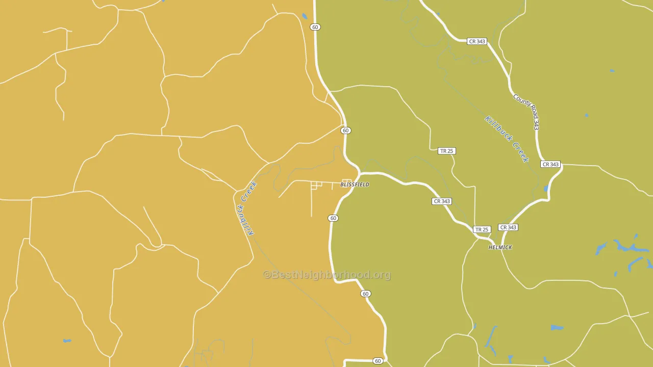 Map of the best neighborhoods in the 43805 area, with better matches in green and worse matches in red