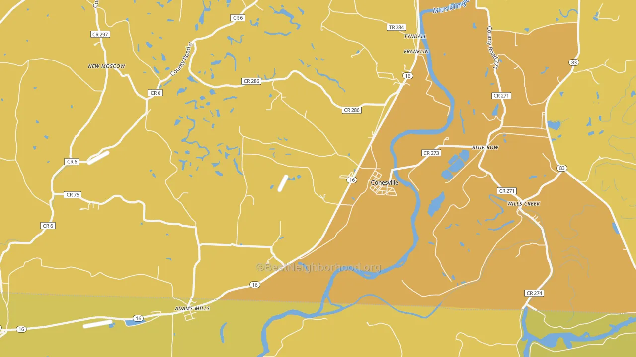 Map of the best neighborhoods in the 43811 area, with better matches in green and worse matches in red