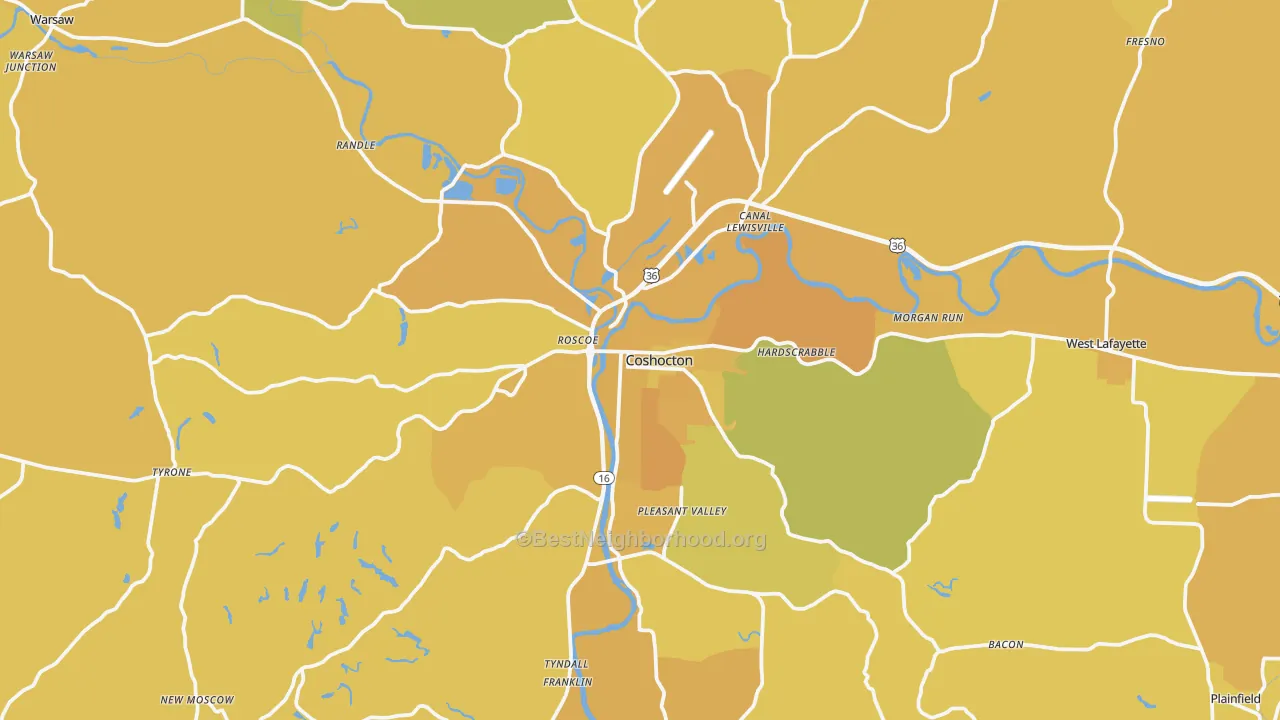 Map of the best neighborhoods in the 43812 area, with better matches in green and worse matches in red