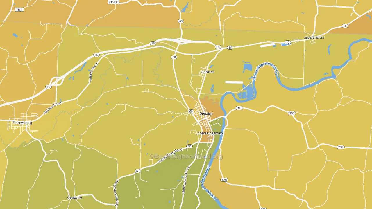 Map of the best neighborhoods in the 43821 area, with better matches in green and worse matches in red