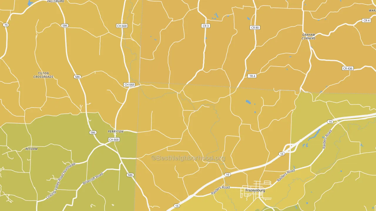 Map of the best neighborhoods in the 43822 area, with better matches in green and worse matches in red