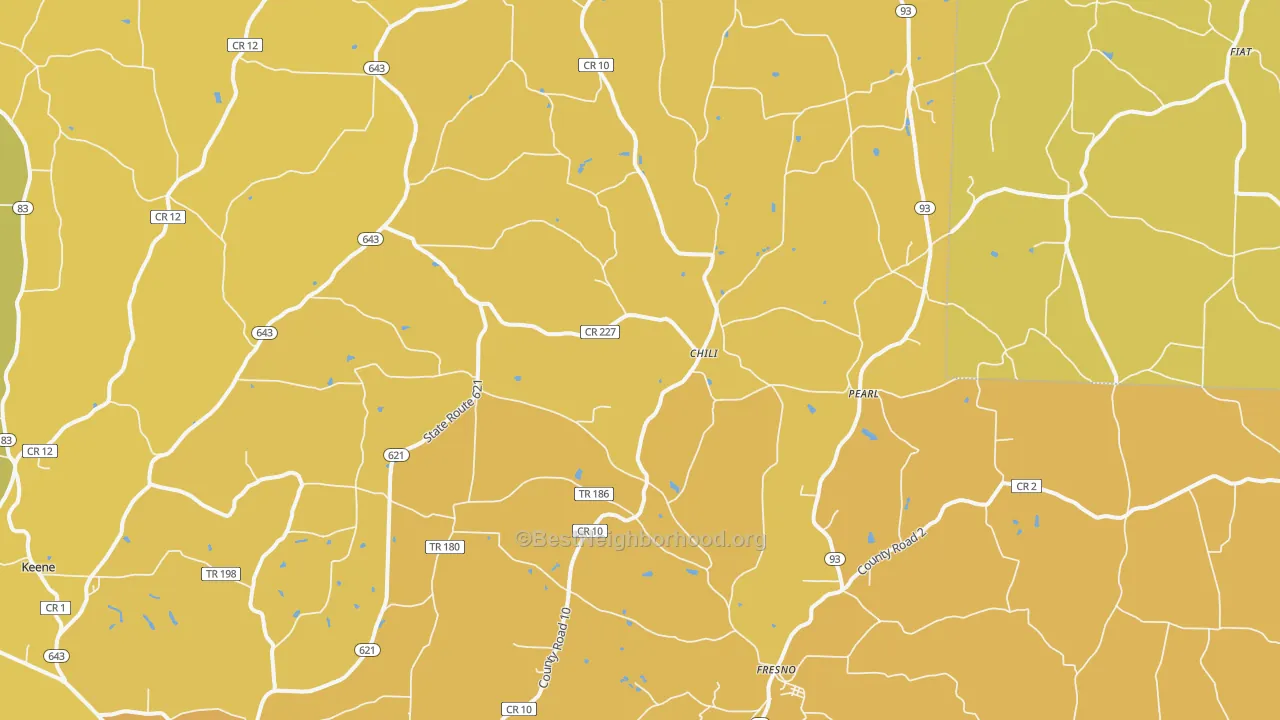 Map of the best neighborhoods in the 43824 area, with better matches in green and worse matches in red