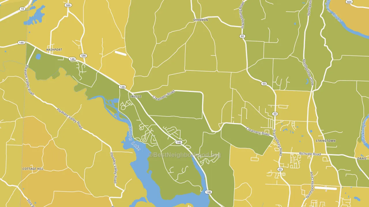 Map of the best neighborhoods in the 43830 area, with better matches in green and worse matches in red