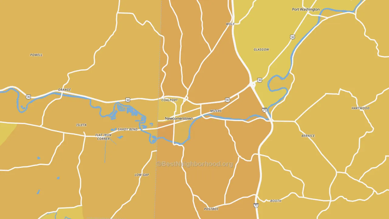 Map of the best neighborhoods in the 43832 area, with better matches in green and worse matches in red