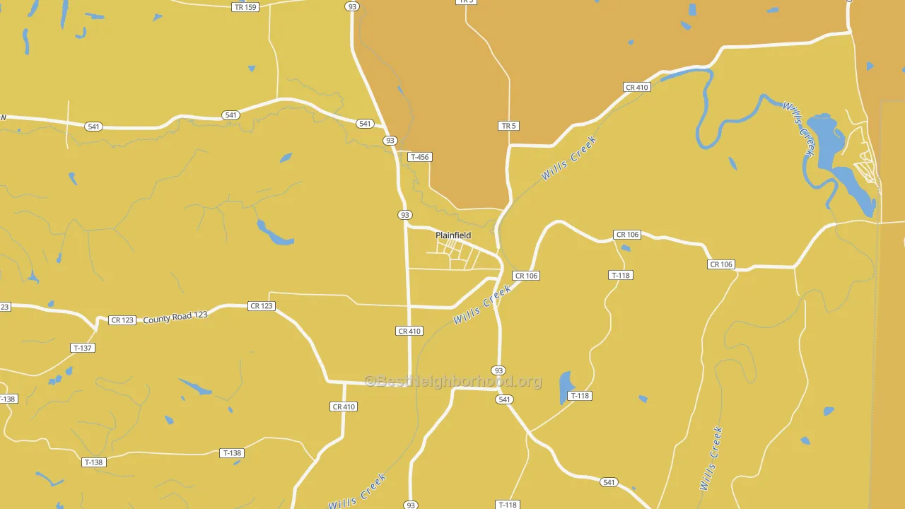 Map of the best neighborhoods in the 43836 area, with better matches in green and worse matches in red