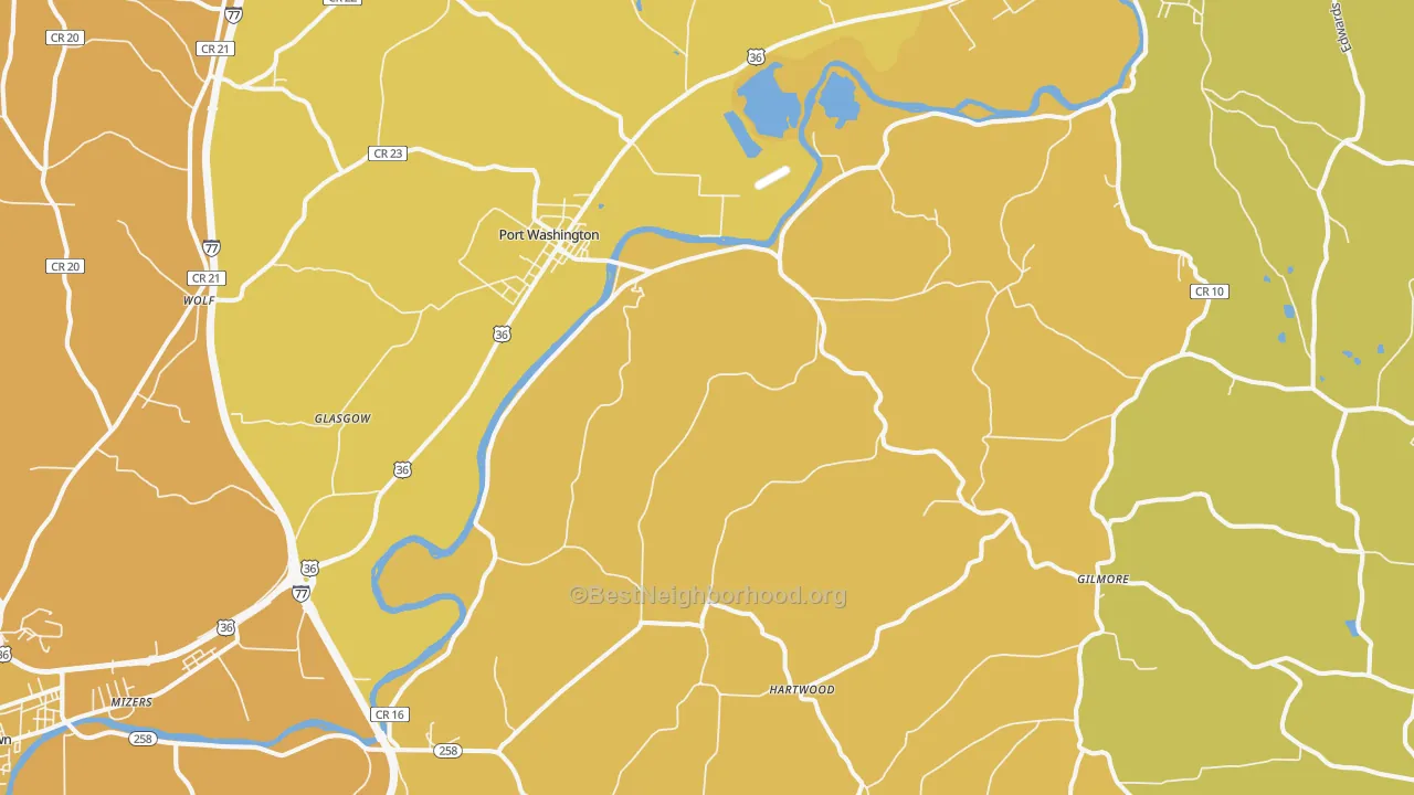 Map of the best neighborhoods in the 43837 area, with better matches in green and worse matches in red