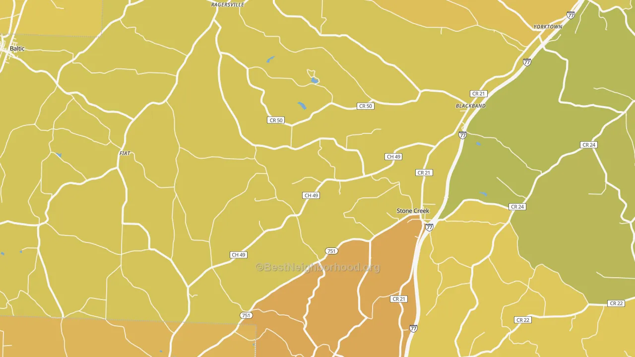 Map of the best neighborhoods in the 43840 area, with better matches in green and worse matches in red