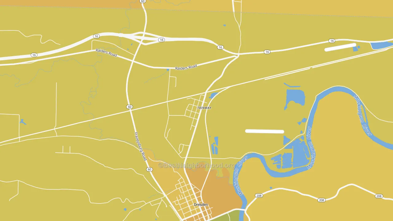 Map of the best neighborhoods in the 43842 area, with better matches in green and worse matches in red