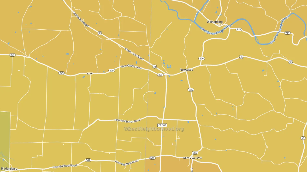 Map of the best neighborhoods in the 43843 area, with better matches in green and worse matches in red