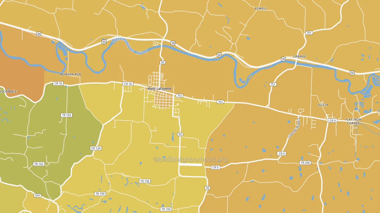 Map of the best neighborhoods in the 43845 area, with better matches in green and worse matches in red